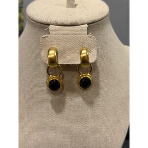 Vintage Door Knocker Earrings  Dagle Drop Gold Tone Black Oval Center Clip On